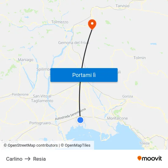 Carlino to Resia map