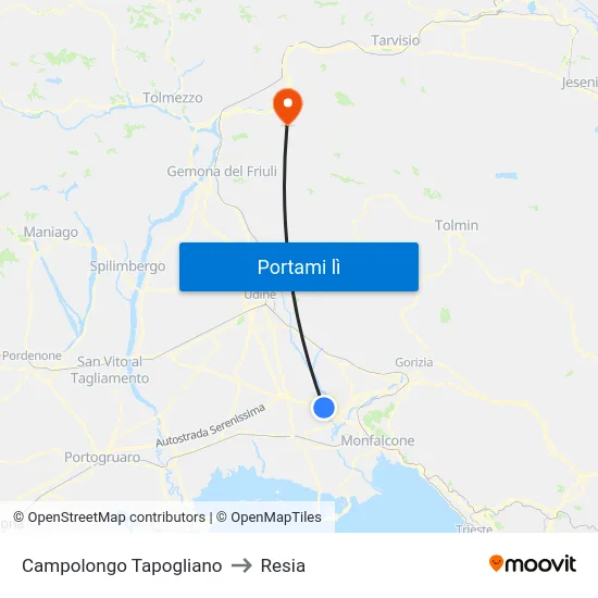 Campolongo Tapogliano to Resia map