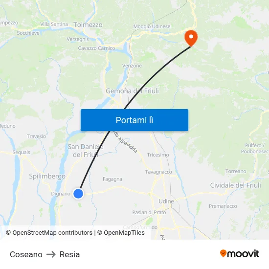 Coseano to Resia map