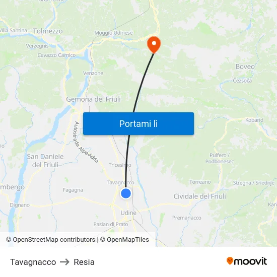 Tavagnacco to Resia map