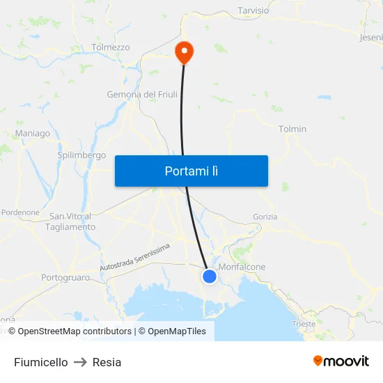 Fiumicello to Resia map