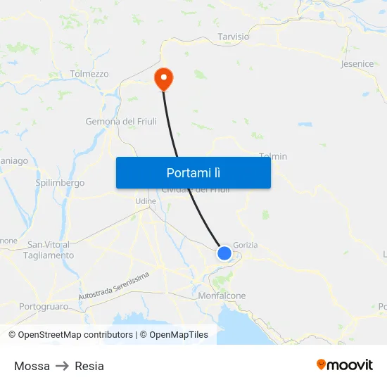 Mossa to Resia map