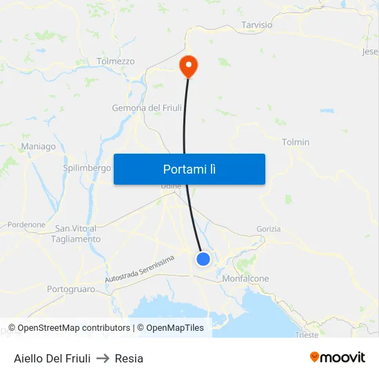 Aiello Del Friuli to Resia map