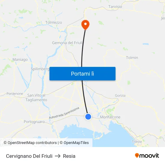 Cervignano Del Friuli to Resia map