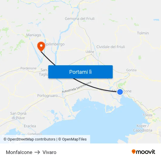Monfalcone to Vivaro map