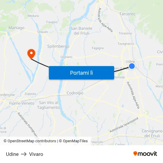 Udine to Vivaro map