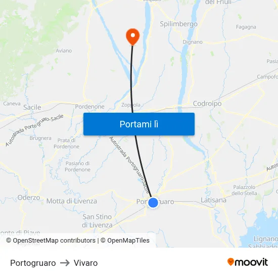 Portogruaro to Vivaro map