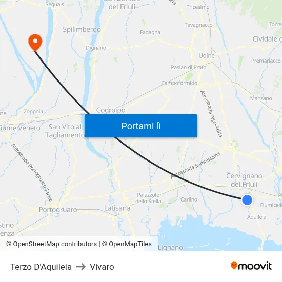 Terzo D'Aquileia to Vivaro map