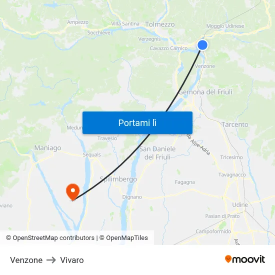 Venzone to Vivaro map