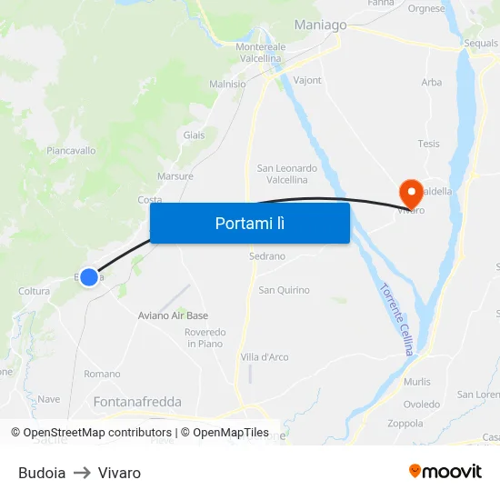 Budoia to Vivaro map