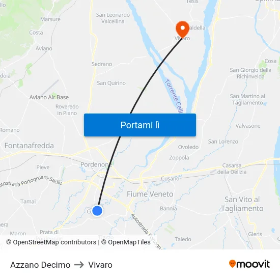 Azzano Decimo to Vivaro map