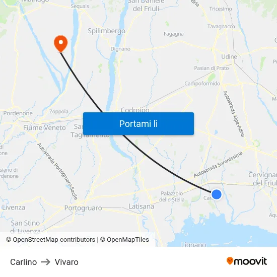 Carlino to Vivaro map