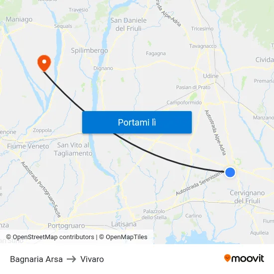 Bagnaria Arsa to Vivaro map
