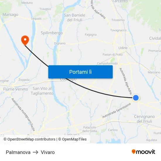 Palmanova to Vivaro map