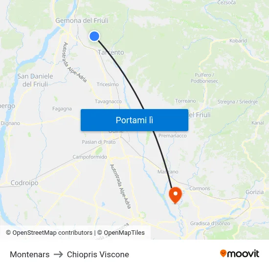 Montenars to Chiopris Viscone map
