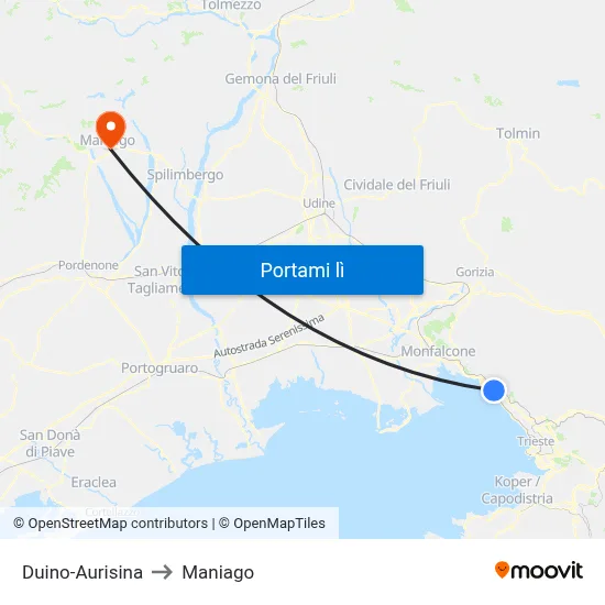 Duino-Aurisina to Maniago map