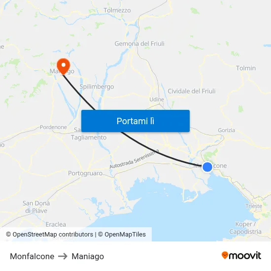 Monfalcone to Maniago map