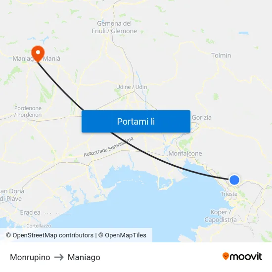 Monrupino to Maniago map