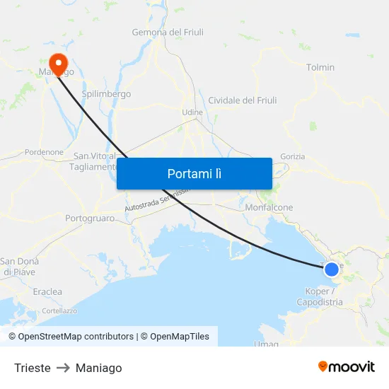 Trieste to Maniago map