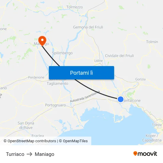 Turriaco to Maniago map