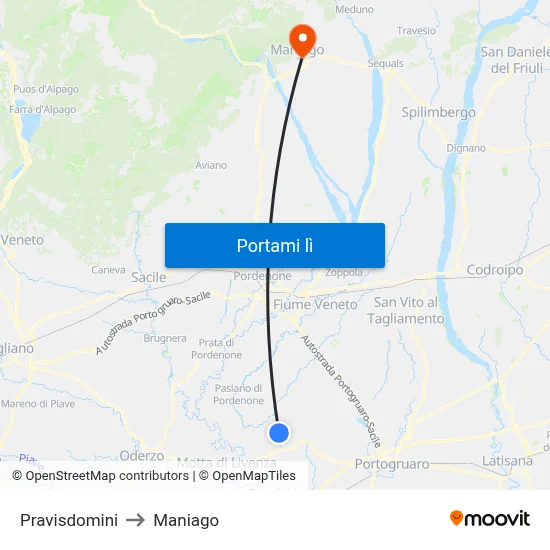 Pravisdomini to Maniago map