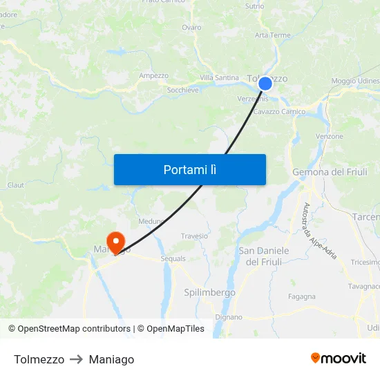 Tolmezzo to Maniago map