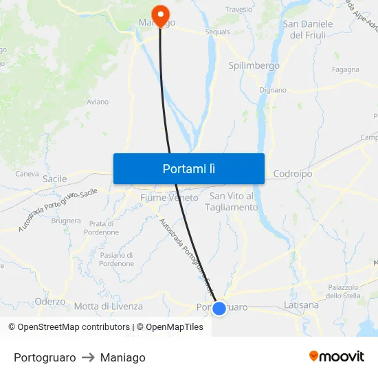 Portogruaro to Maniago map