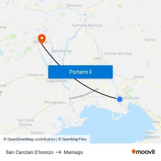 San Canzian D'Isonzo to Maniago map