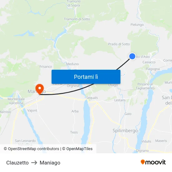 Clauzetto to Maniago map