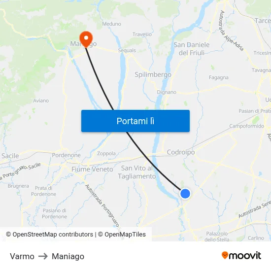 Varmo to Maniago map