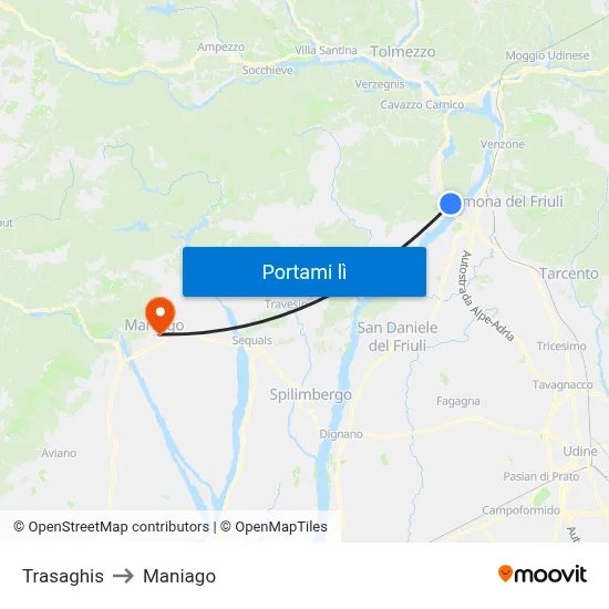Trasaghis to Maniago map