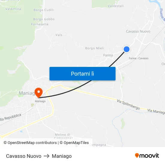 Cavasso Nuovo to Maniago map