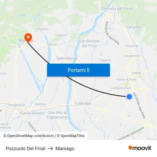 Pozzuolo Del Friuli to Maniago map
