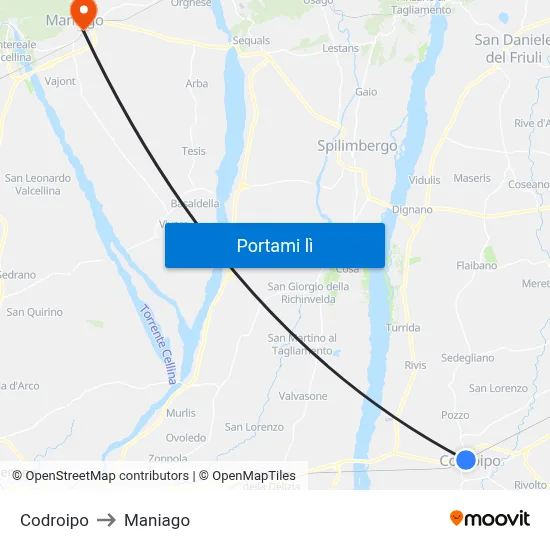 Codroipo to Maniago map