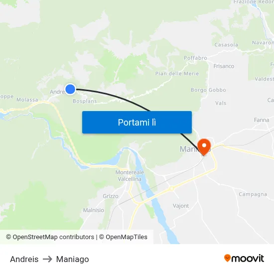 Andreis to Maniago map