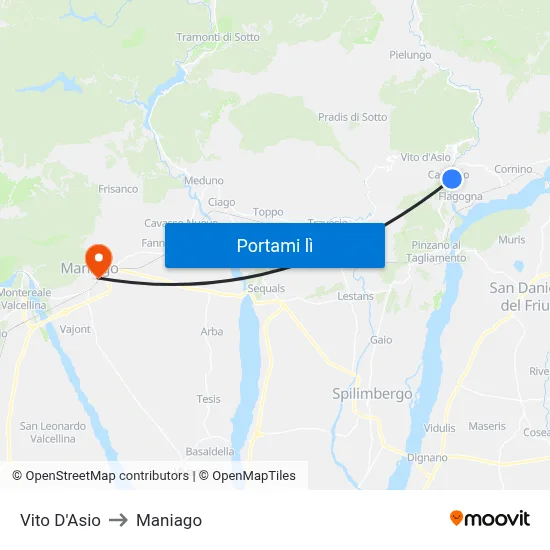 Vito D'Asio to Maniago map