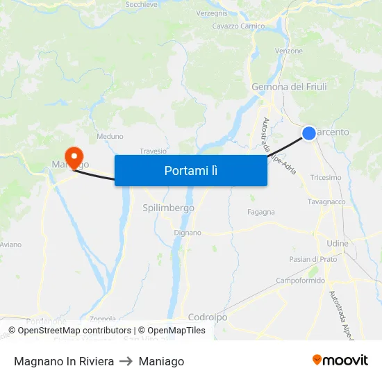 Magnano In Riviera to Maniago map