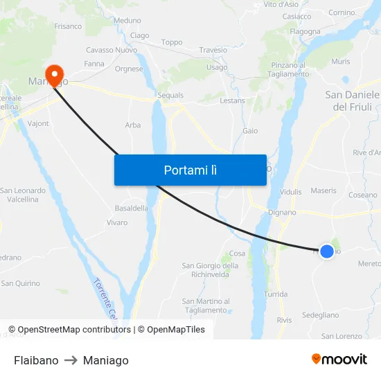 Flaibano to Maniago map