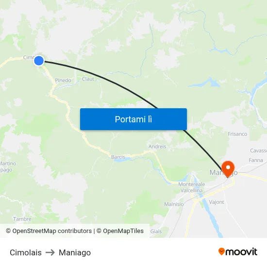 Cimolais to Maniago map