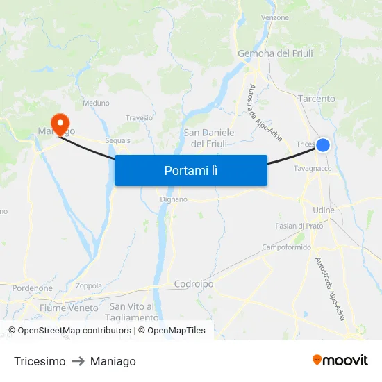 Tricesimo to Maniago map