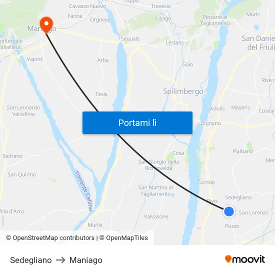 Sedegliano to Maniago map