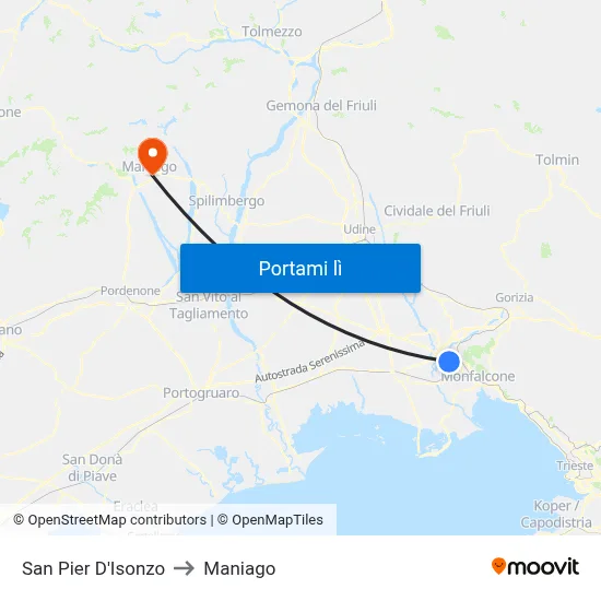 San Pier D'Isonzo to Maniago map