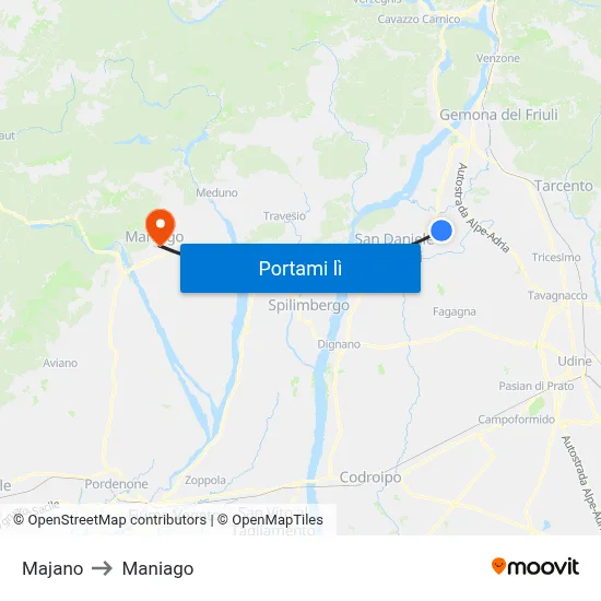 Majano to Maniago map