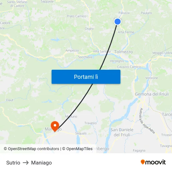 Sutrio to Maniago map