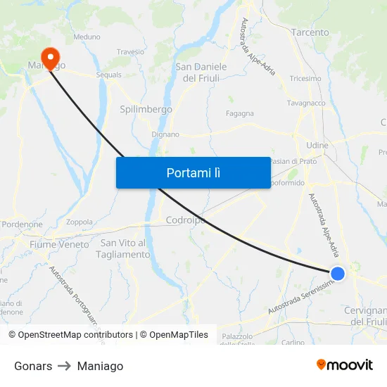 Gonars to Maniago map