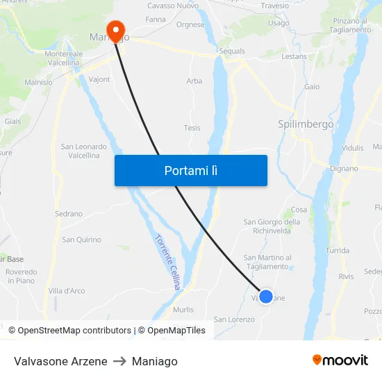 Valvasone Arzene to Maniago map