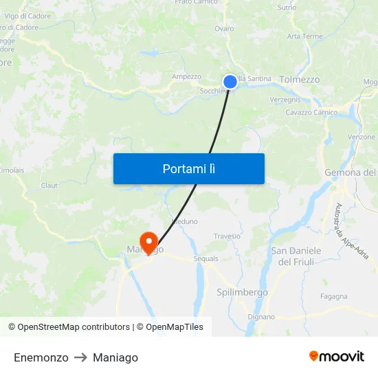 Enemonzo to Maniago map