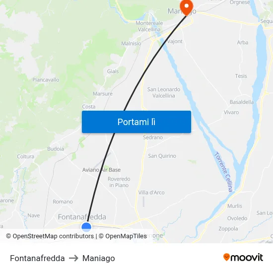 Fontanafredda to Maniago map
