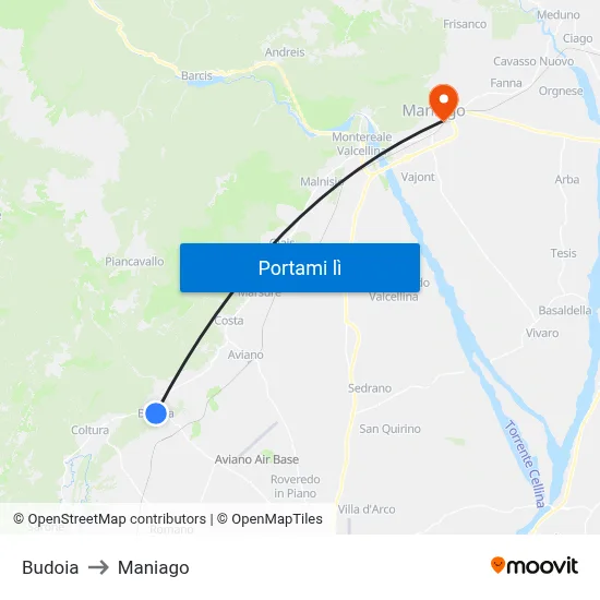 Budoia to Maniago map