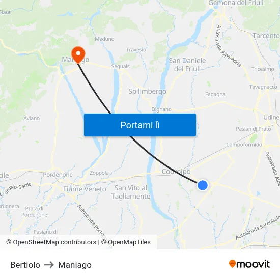 Bertiolo to Maniago map